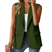Women Suit Vest Summer Dressy Casual Sleeveless Waistcoat Open Front Blazer Vest With Pockets Army Green L